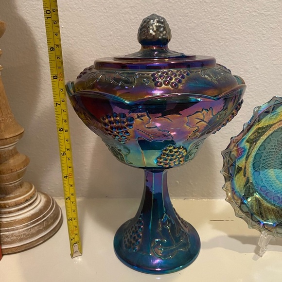 Vintage Indiana Glass 'Blue Harvest' Grape Cluster Pedestal Candy Dish & Plate - Picture 7 of 11